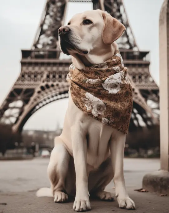 Photo d'un chien devant la Tour Eiffel